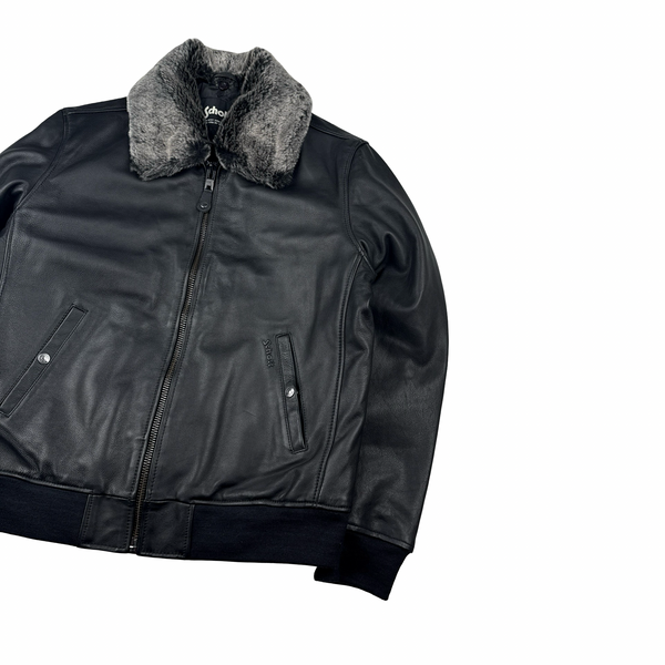 Schott Black Leather Shearling Collar Jacket - Large