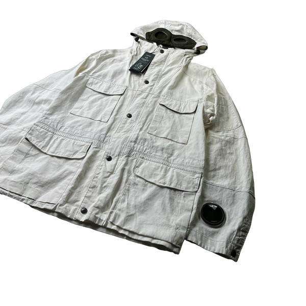 CP Company White Plated Linen La Mille Goggle Jacket - Large
