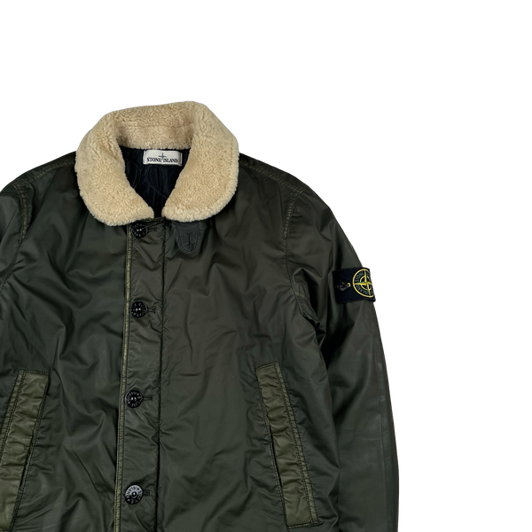 Stone Island 2015 Dark Green Mussola Gommata Sherling Flight Jacket - Medium