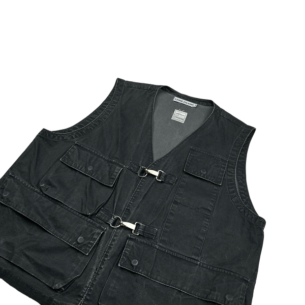 Stone Island 80s Vintage Blue Reflective Spellout Denim Vest - Medium
