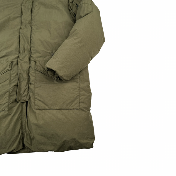 CP Company Khaki Flatt Nylon Extractable Down Filled Lens Viewer Long Puffer Jacket - XL