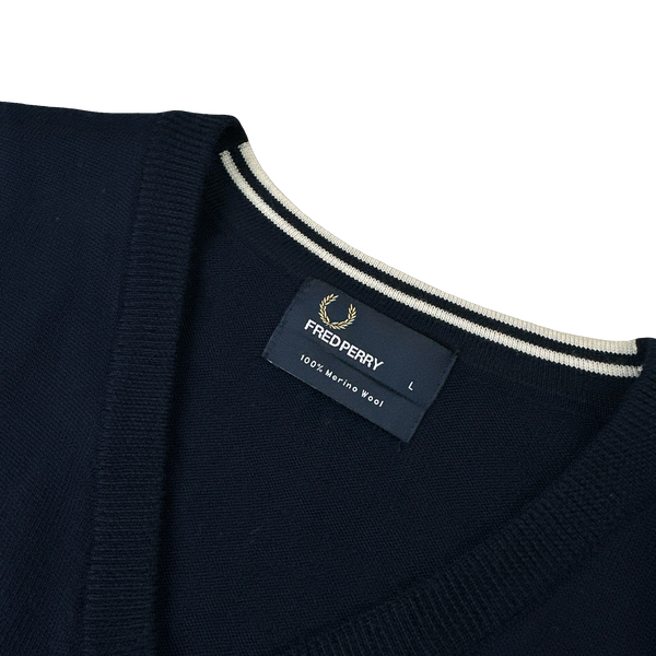 Fred Perry Merino Wool Navy V Neck Knit - Large