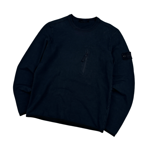 Stone Island Navy Ghost Cotton Chest Zip Crewneck Jumper - Medium