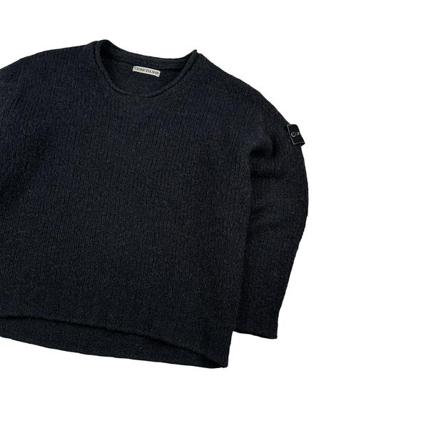 Stone Island 1998 Grey Low Neck Green Edge Knitted Wool Jumper - Large