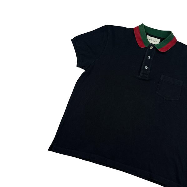 Gucci Stripe Collar Short Sleeve Quarter Buttoned Polo Shirt - Small