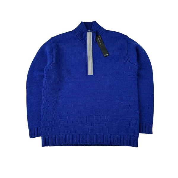 Stone Island 2025 Marina Blue Quarter Zip Pure Wool Knit Spellout Jumper - Large