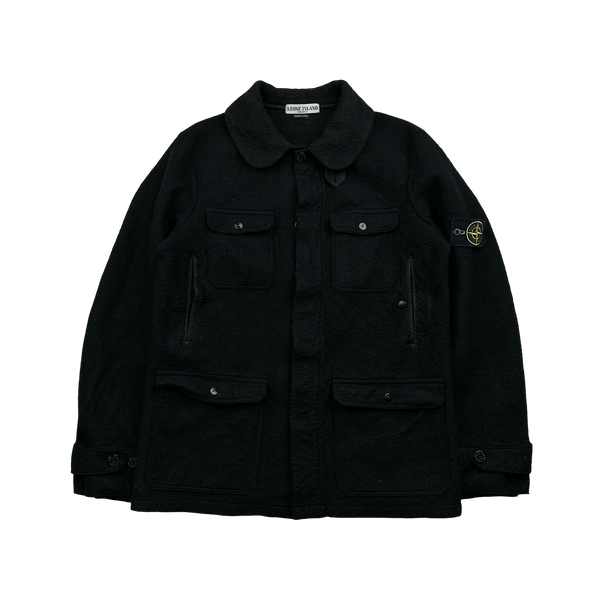 Stone Island 2004 Black Mottled Wool Multipocketed Collared Jacket - Large