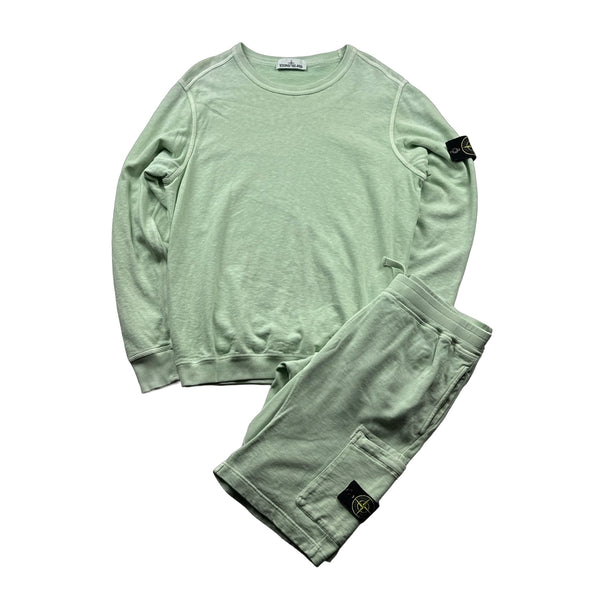 Stone Island Mint Green Cotton Crewneck Sweatshirt Short Set - Large