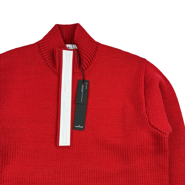 Stone Island 2025 Marina Red Quarter Zip Pure Wool Knit Spellout Jumper - Large