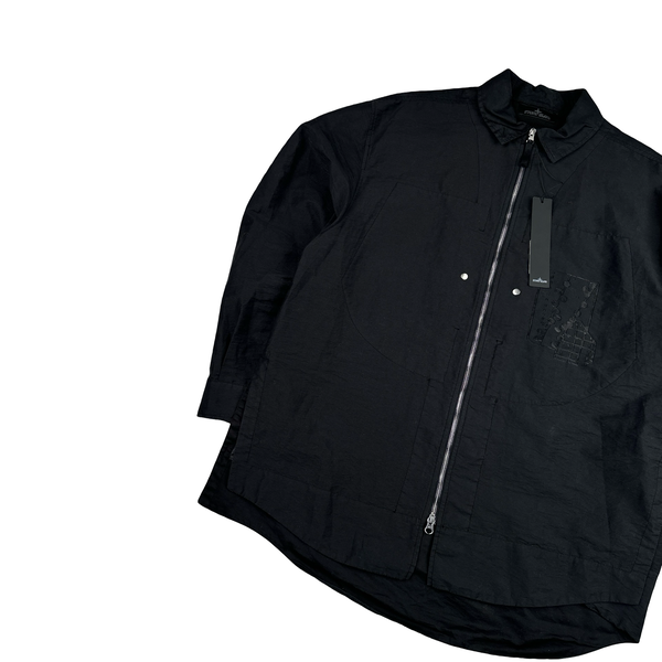 Stone Island 2023 Shadow Project Black Zipped Mesh Spellout Overshirt - Large