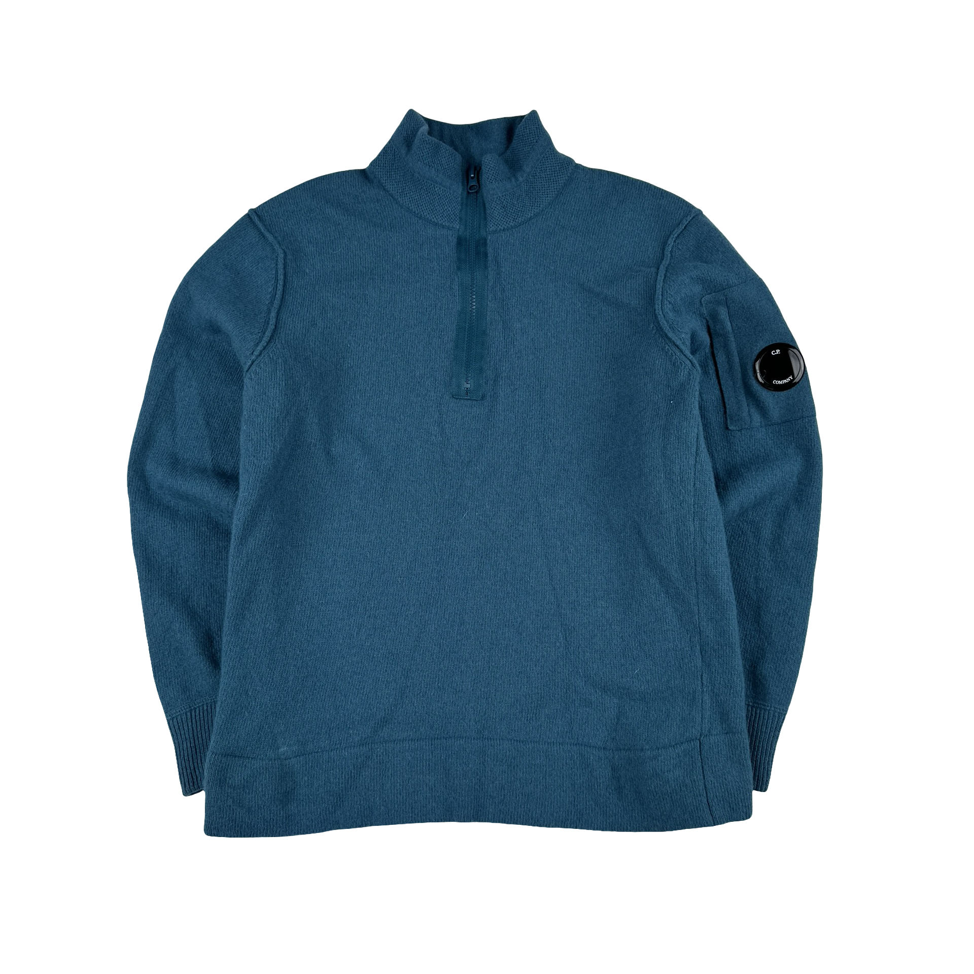 CP Company Cerulean Blue Wool Quarter Zip Lens View Jumper - Small