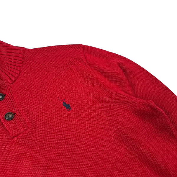 Ralph Lauren Red Cotton Knit Quarter Button Jumper - Medium