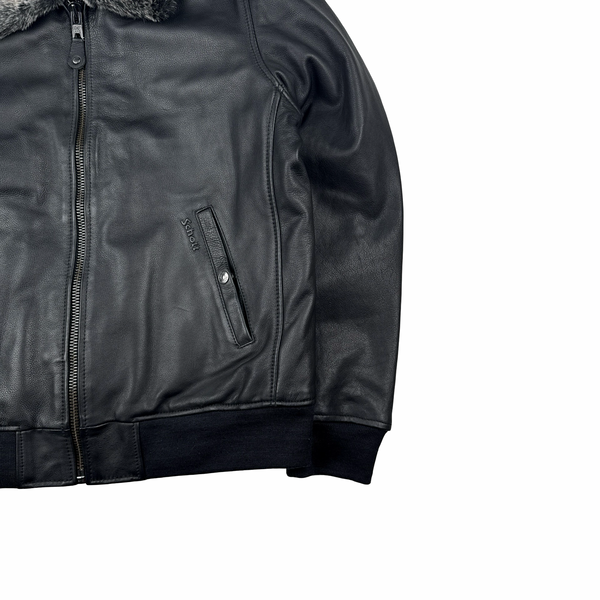 Schott Black Leather Shearling Collar Jacket - Large