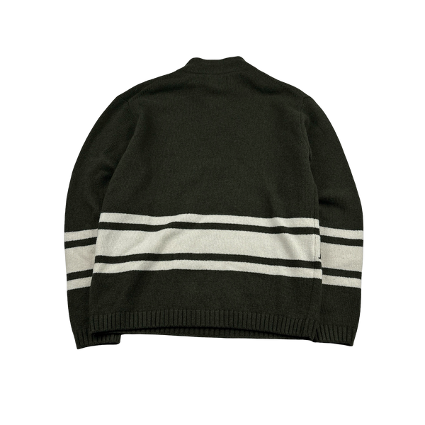 CP Company Green Wool Quarter Zip Knitted Spellout Jumper - Small