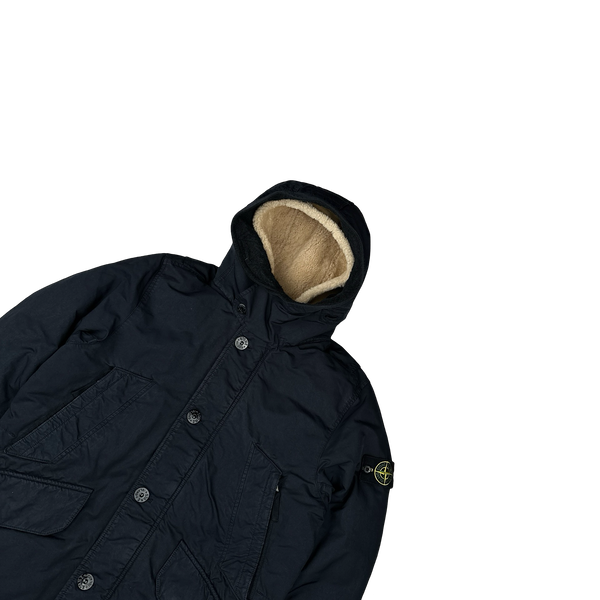 Stone Island 2016 Navy David TC Dutch Rope Shearling Hood Down Lined Winter Jacket - Large