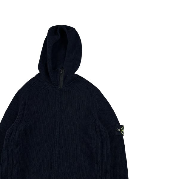 Stone Island 2003 Navy Wool Hooded Knit Jumper - Medium