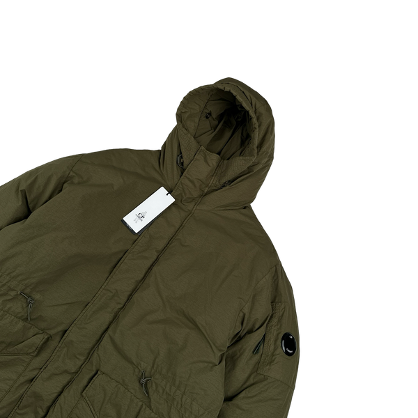 CP Company Khaki Flatt Nylon Extractable Down Filled Lens Viewer Long Puffer Jacket - Large