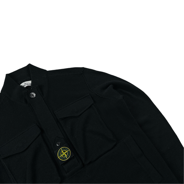 Stone Island 2021 Black Ribbbed Knit Centre Badge Zipped Jumper - Large