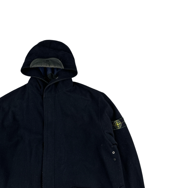 Stone Island 1998 Navy Green Edge Wool Long Parka Jacket - Large