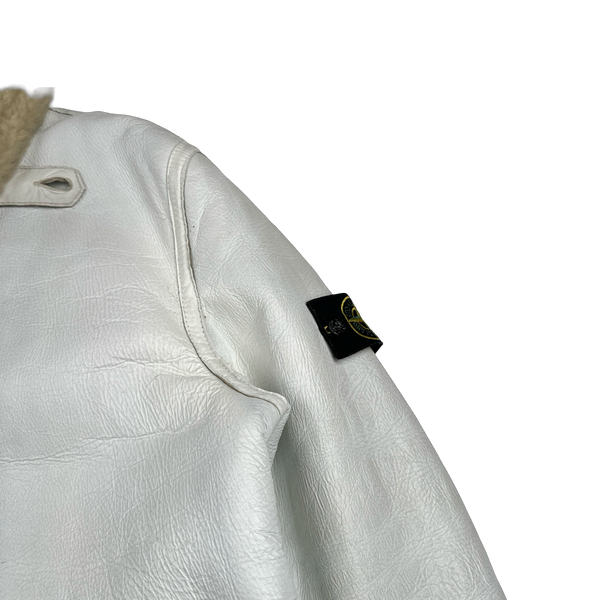 Stone Island 2005 White Hand Painted Lambskin Leather Thick Shearling Jacket - XL