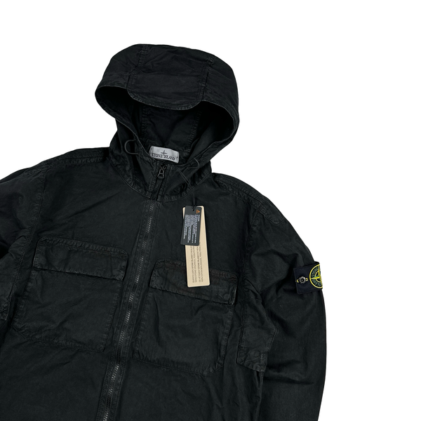 Stone Island 2024 Black Brushed Cotton Hooded Overshirt - Small