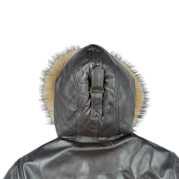 BAPE Nigo Era Brown Heavyweight Leather Fur Hooded Down Filled Jacket - Small