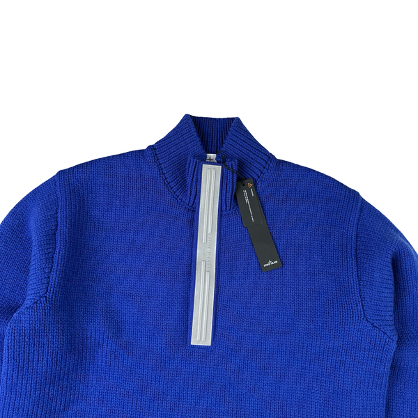 Stone Island 2025 Marina Blue Quarter Zip Pure Wool Knit Spellout Jumper - Large