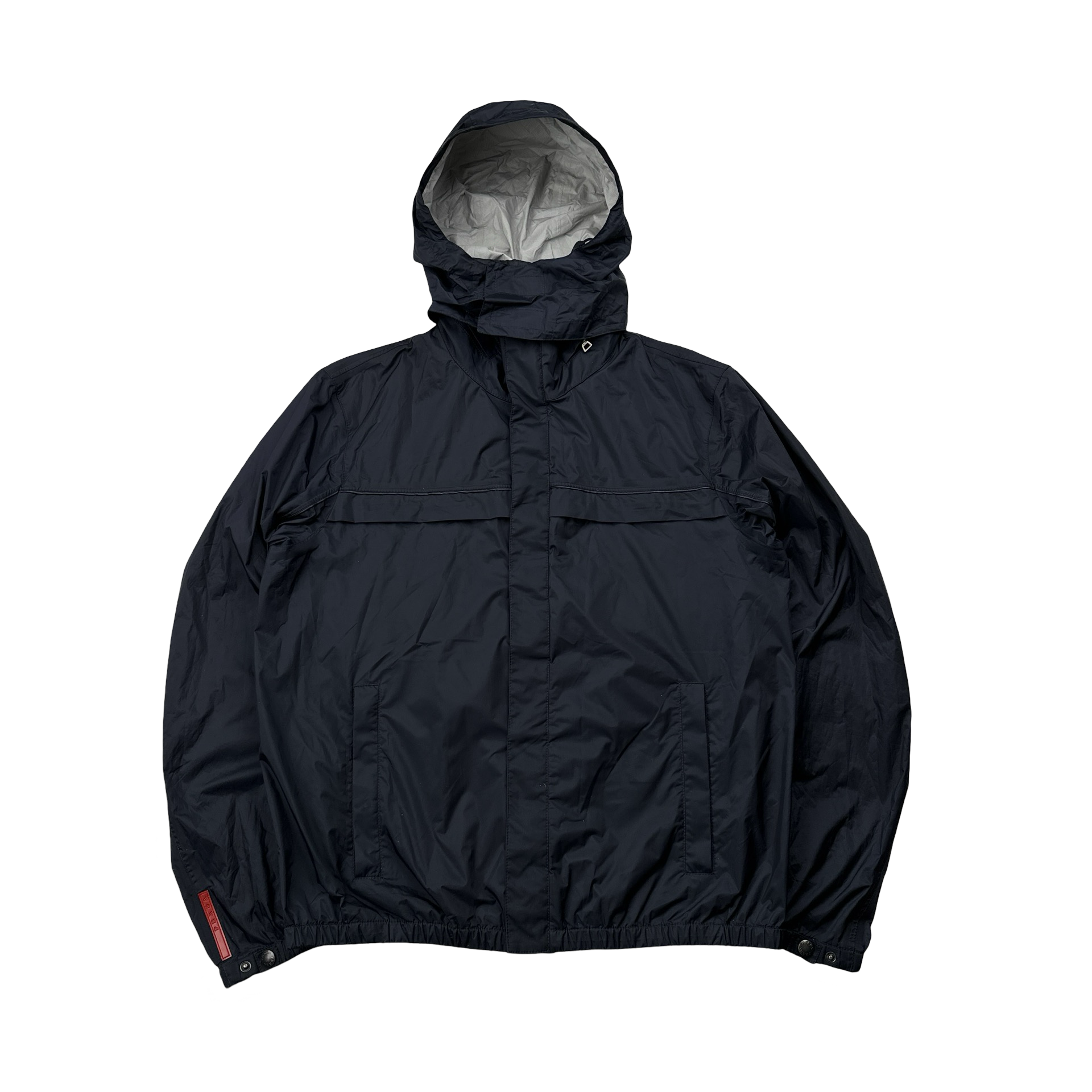 Prada Navy Nylon Red Tab Foldout Hood Jacket Large
