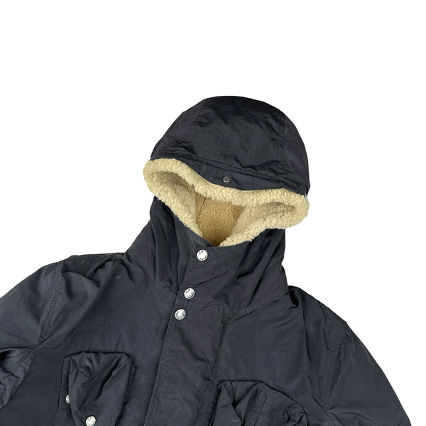 CP Company Black Shearling Lined Hood Parka Multi Pocket Jacket - Medium
