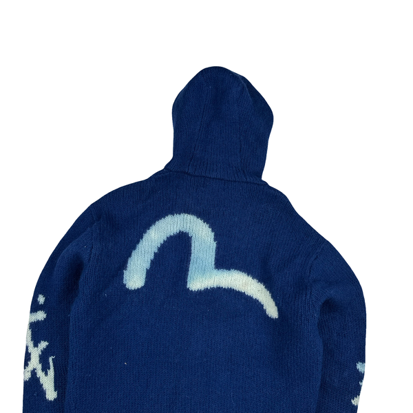 Evisu 2000s Blue Wool Logo Zip Up Hoodie - Large