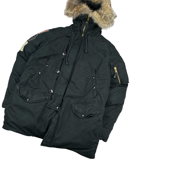 Ralph Lauren Black Down Filled Fur Hood Trim Puffer Jacket - Large