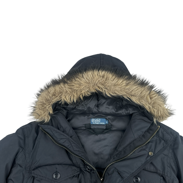 Ralph Lauren Black Down Filled Fur Hood Trim Puffer Jacket - Large