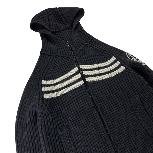 Stone Island 2005 Heavyweight Wool Knit Spellout Hooded Cardigan - Large