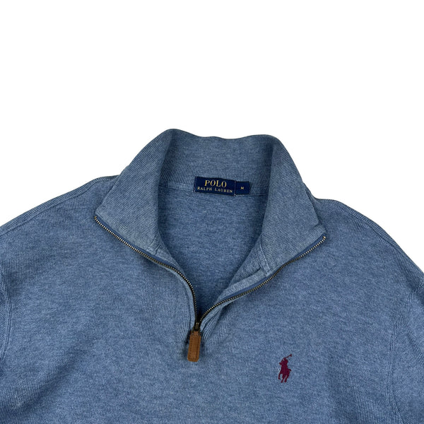 Ralph Lauren Blue Cotton Knit Quarter Zip Jumper - Medium