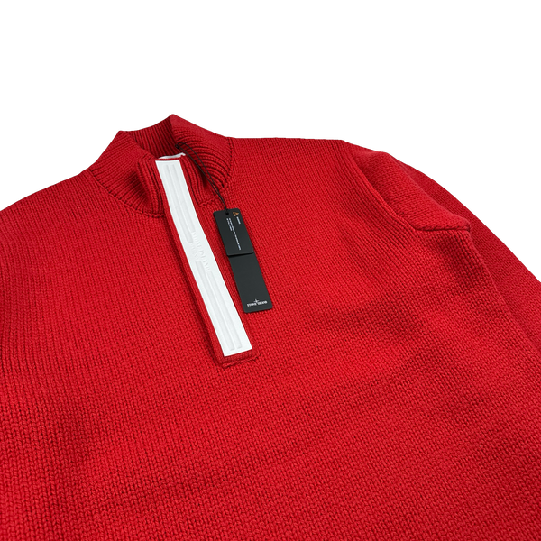 Stone Island 2025 Marina Red Quarter Zip Pure Wool Knit Spellout Jumper - Large