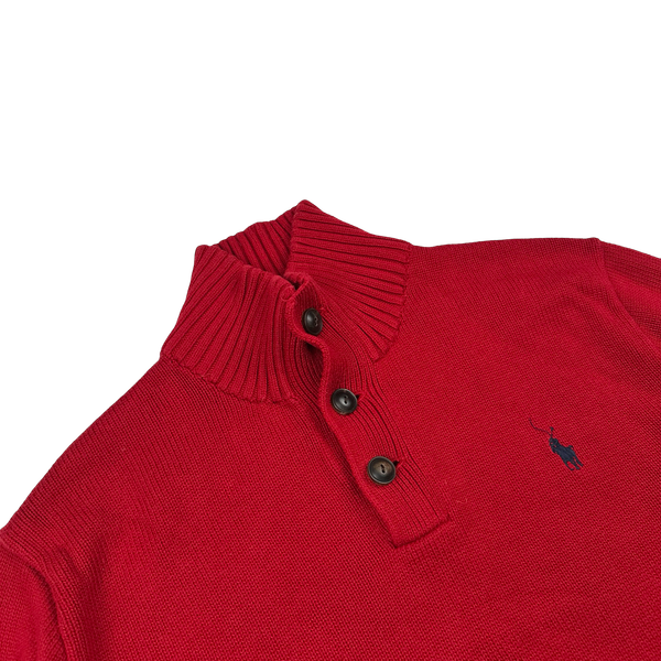 Ralph Lauren Red Cotton Knit Quarter Button Jumper - Medium