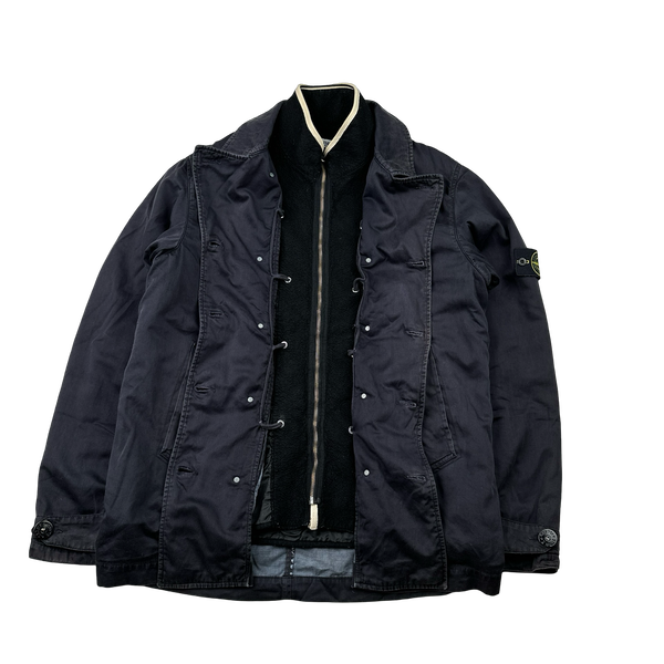 Stone Island 2008 Navy Lined Raso Gommato Wool Lined Trench Coat - XL