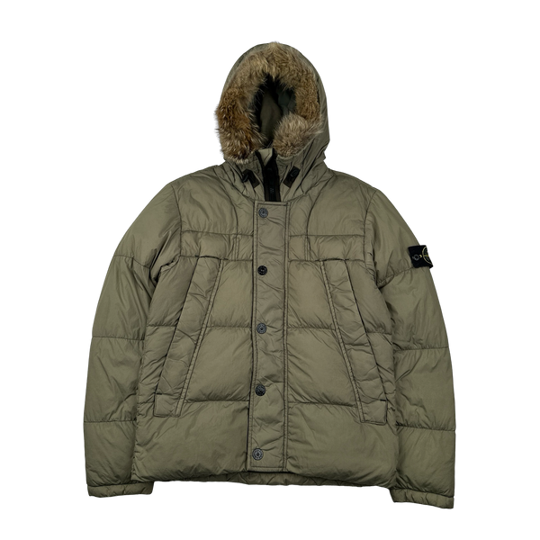 Stone Island 2015 Fur Trim Brown Crinkle Reps Puffer Jacket - Medium
