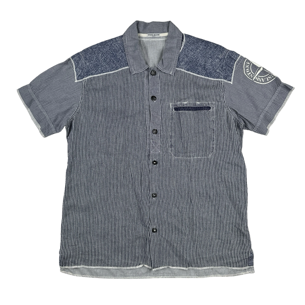 Stone Island 2009 Blue Pin Striped Linen Panelled Short Sleeve Shirt - XXL