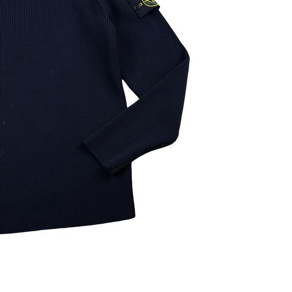Stone Island Navy Wool Ribbed Zipped Neck Knit Jumper - Medium