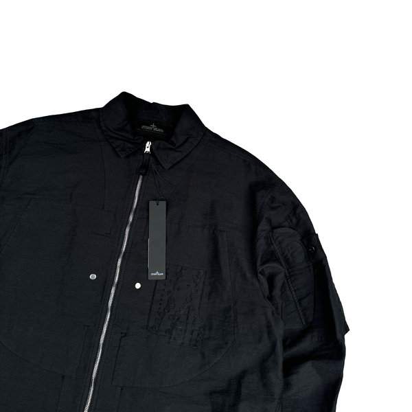 Stone Island 2023 Shadow Project Black Zipped Mesh Spellout Overshirt - Large