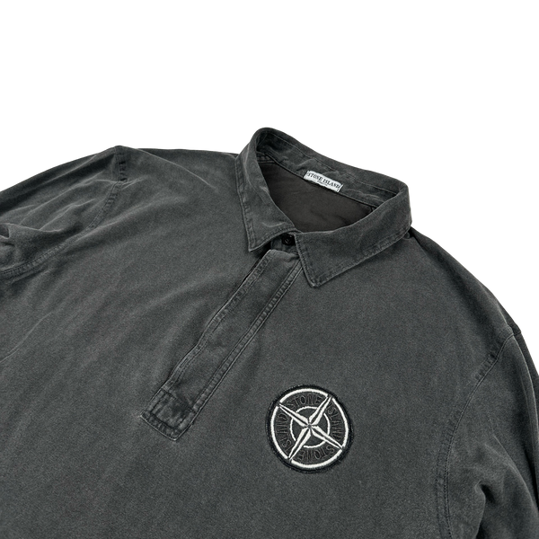 Stone Island 2005 Charcoal Longsleeve Cotton Embroiderd Compass Polo Top - XL