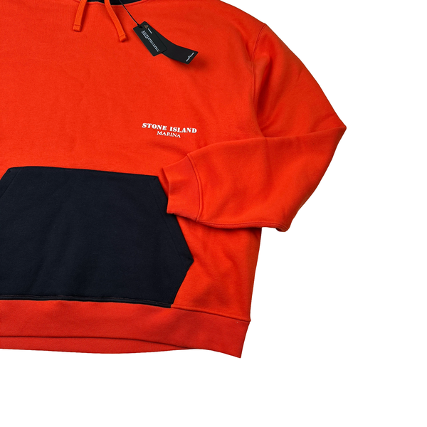 Stone Island Marina 2023 Orange And Navy Spellout Embroidered Pullover Hoodie - XL