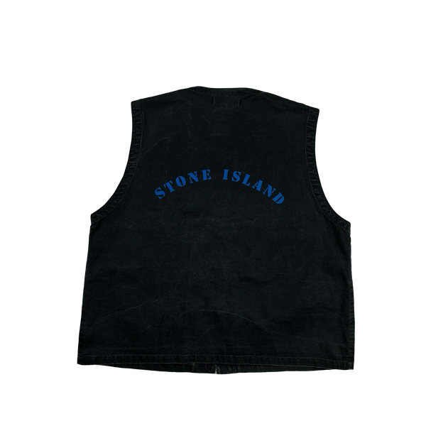 Stone Island 80s Vintage Blue Reflective Spellout Denim Vest - Medium