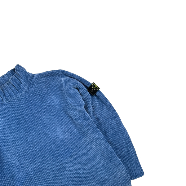 Stone Island 2001 Blue Chenille Knit Vintage Roll Neck Jumper - Large