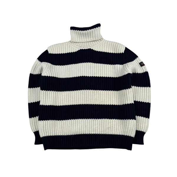 Paul & Shark Navy White Stripped High Neck Wool Blend Jumper - Large