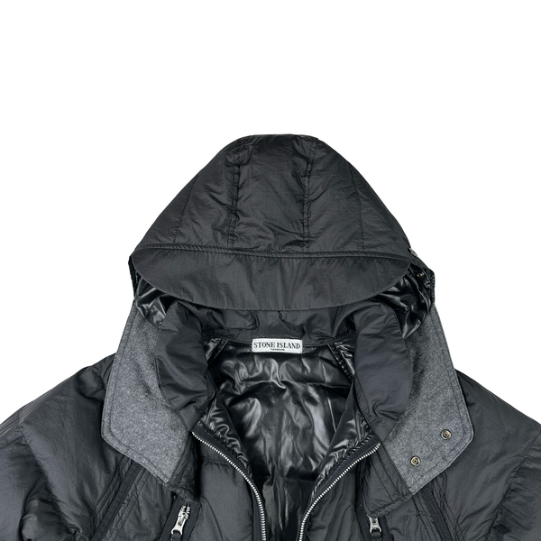 Stone Island 2005 Black Silver Zip Down Filled Mesh Badge Jacket - Medium