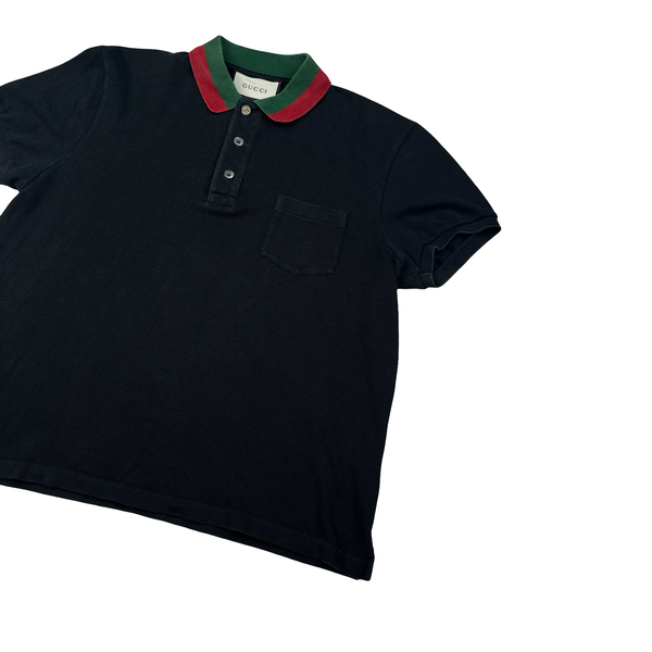 Gucci Stripe Collar Short Sleeve Quarter Buttoned Polo Shirt - Small