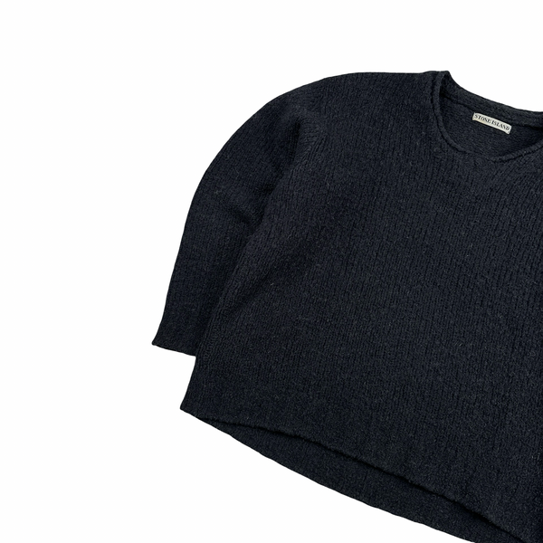 Stone Island 1998 Grey Low Neck Green Edge Knitted Wool Jumper - Large