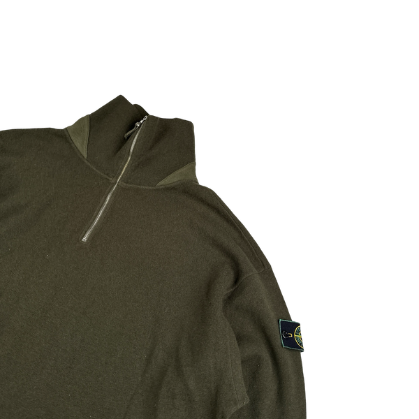 Stone Island Vintage 1994 Khaki Quater Zip Green Edge Wool Blend Jumper - XXL